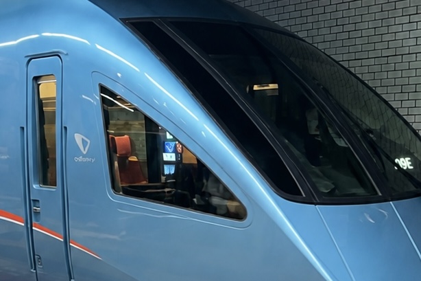 Blue Odakyu Romancecar train for travel from Tokyo to Hakone