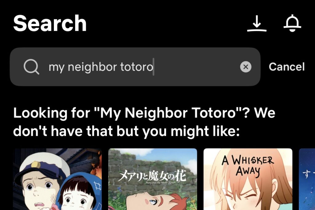 Netflix search results for My Neighbor Totoro in Japan